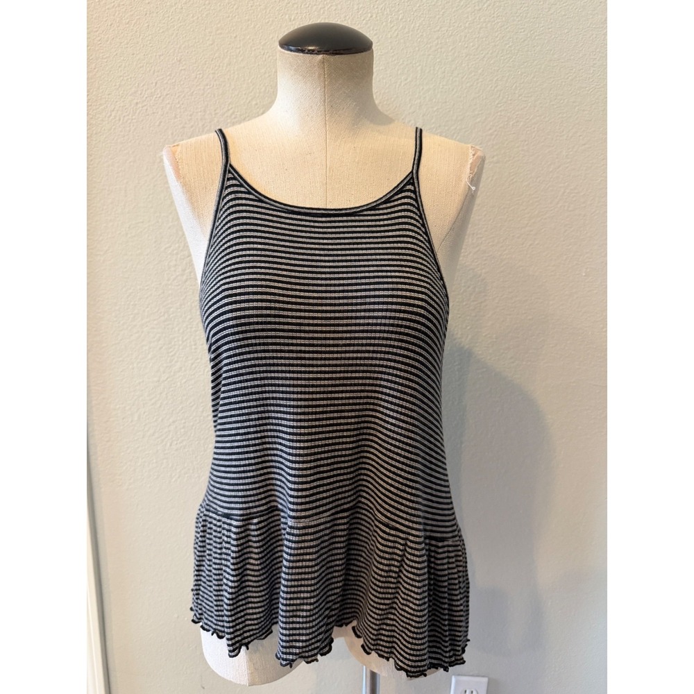 American Eagle Womens Tank Top M Black Gray Striped Ribbed Ruffle Hem Stretch
